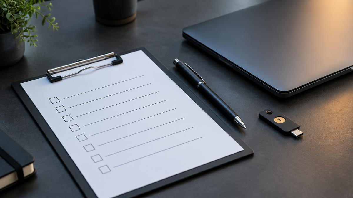 Checklist and pen beside a laptop and security key