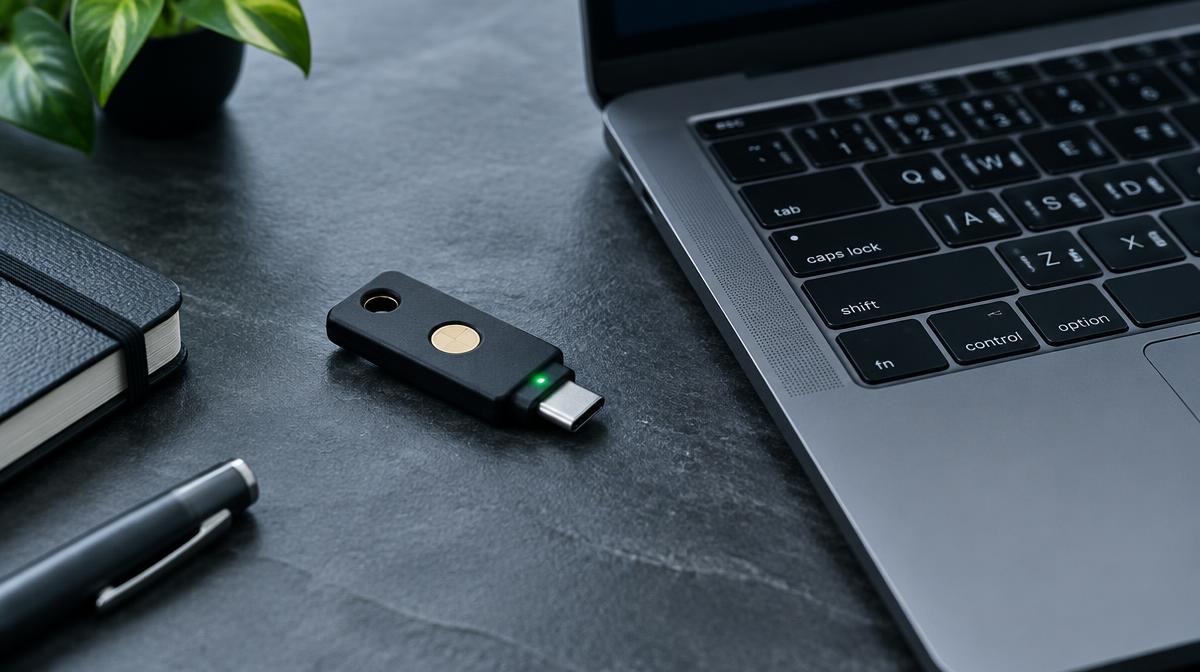Hardware security key beside a laptop keyboard