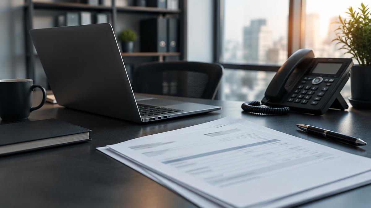 Invoice paperwork beside a laptop and office telephone