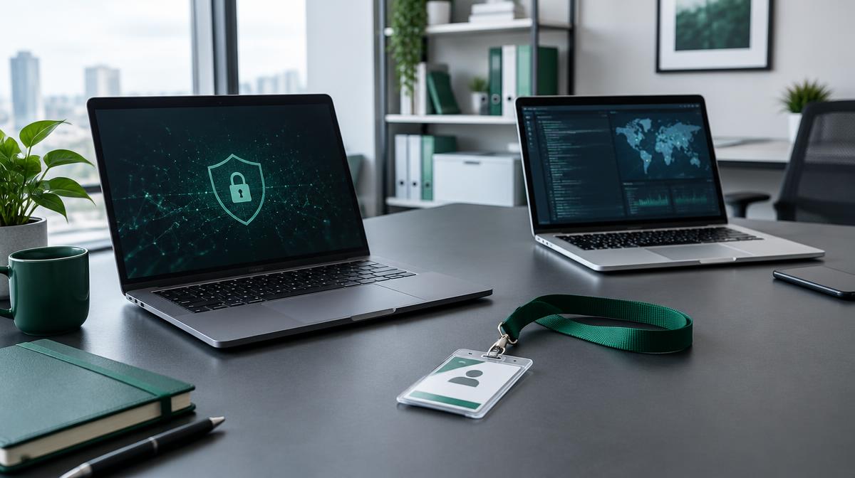 Small business workspace with laptops and an employee badge