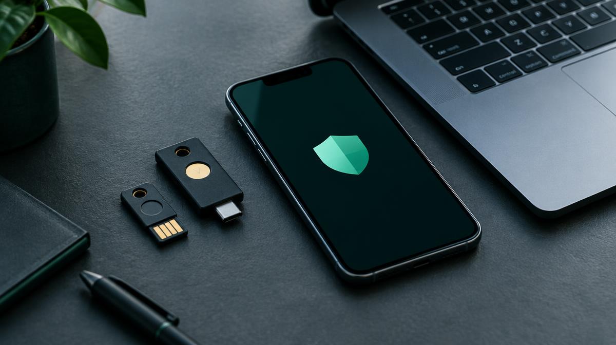 Two hardware security keys and a smartphone beside a laptop