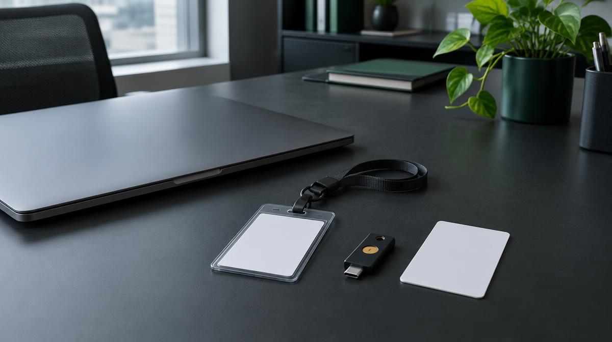 Returned employee badge, access card, and security key beside a closed laptop